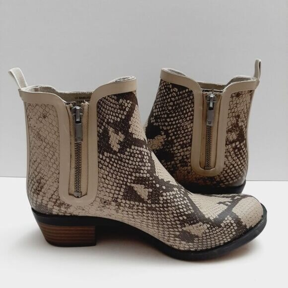 LUCKY BRAND Basel H2O Snakeskin Print Rain Boots Zip-Up Booties Tan Brown Sz 7 M - Picture 10 of 14